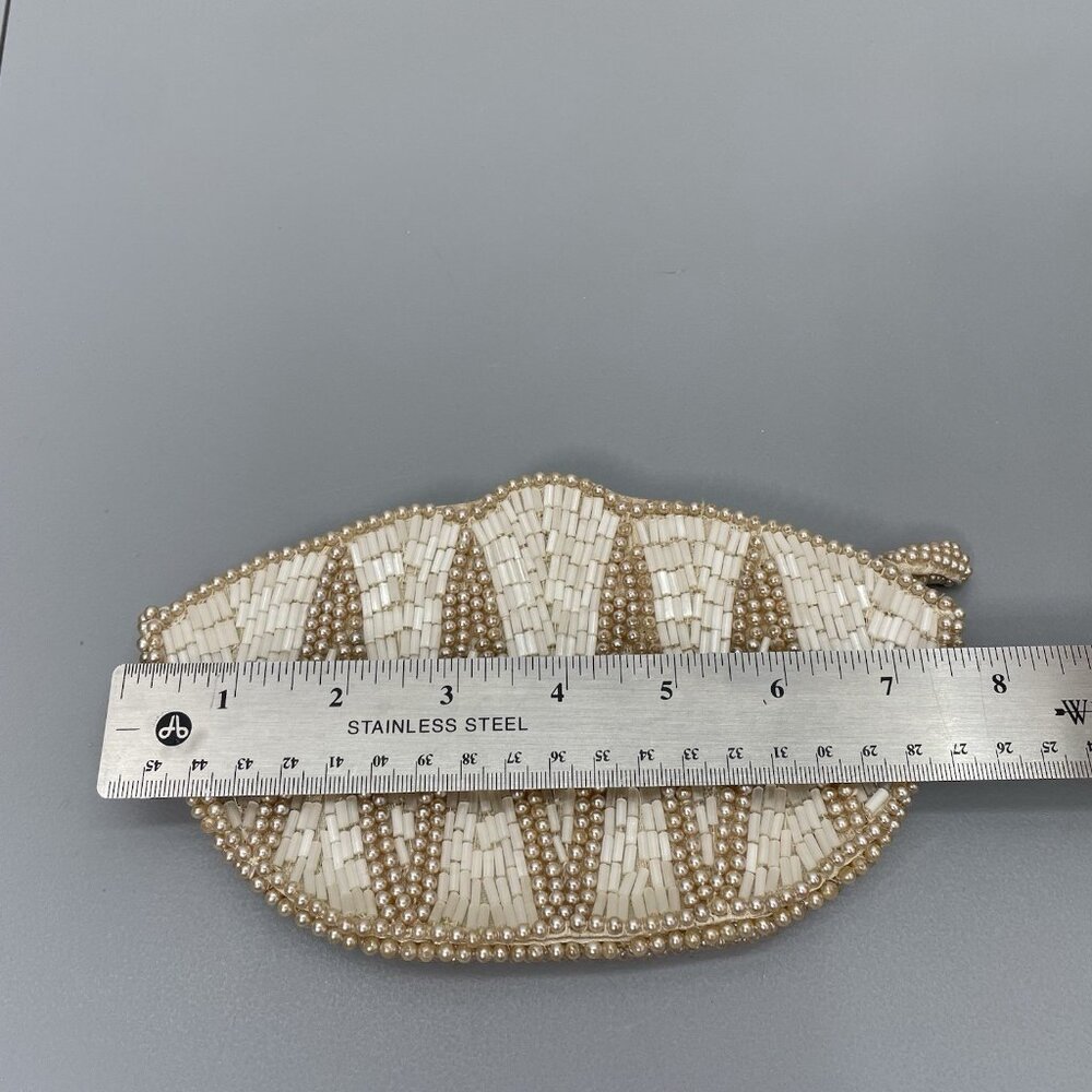 Vintage Beaded Clutch Evening Purse Makeup Bag Zip Top Faux String Pearls Small - Picture 11 of 12